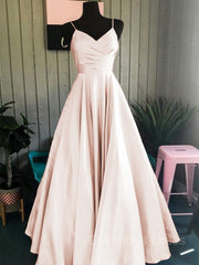 Prom Dress Tight, A-Line/Princess Spaghetti Straps Floor-Length Satin Prom Dresses With Ruffles