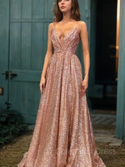 Prom Dresses Long Open Back, A-Line/Princess Spaghetti Straps Floor-Length Sequins Evening Dresses With Ruffles