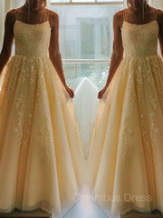Party Dress Dress Code, A-Line/Princess Spaghetti Straps Floor-Length Tulle Prom Dresses With Appliques Lace