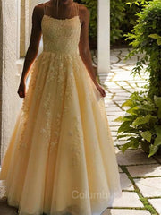 Party Dress Long, A-Line/Princess Spaghetti Straps Floor-Length Tulle Prom Dresses With Appliques Lace