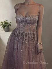Party Dress Over 75, A-Line/Princess Spaghetti Straps Floor-Length Tulle Prom Dresses With Beading