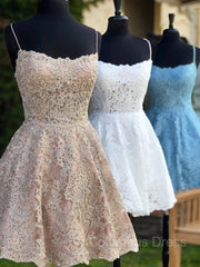 Prom Dresses Shop, A-Line/Princess Spaghetti Straps Short/Mini Lace Homecoming Dresses With Appliques Lace
