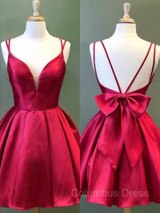 Prom Dress Pattern, A-Line/Princess Spaghetti Straps Short/Mini Satin Homecoming Dresses With Bow