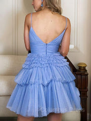 Evening Dress Fitted, A-Line/Princess Spaghetti Straps Short/Mini Tulle Homecoming Dresses With Ruffles