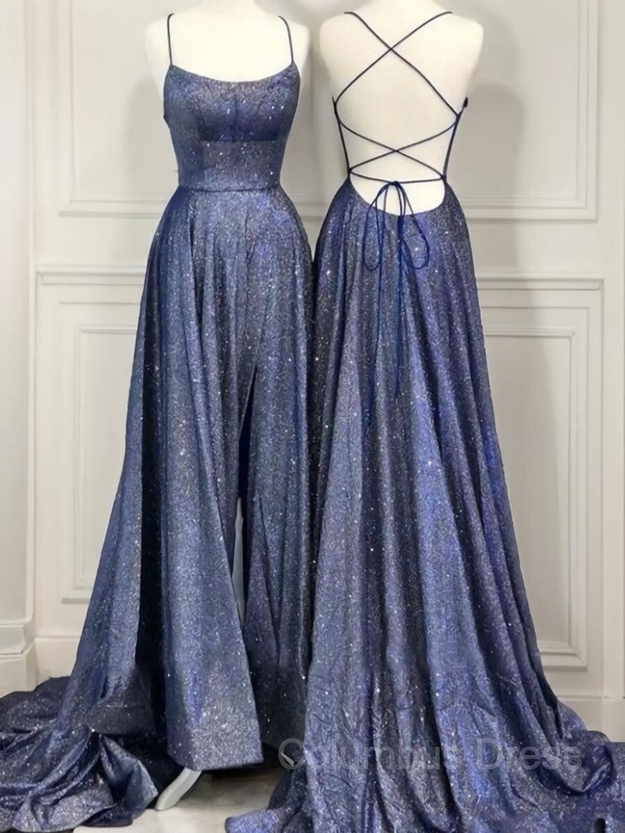 Prom Dress Two Piece, A-Line/Princess Spaghetti Straps Sweep Train Prom Dresses