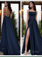 Prom Dresses Light Blue Long, A-Line/Princess Spaghetti Straps Sweep Train Satin Prom Dresses With Leg Slit