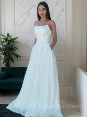Ball Dress, A-Line/Princess Spaghetti Straps Sweep Train Sequins Prom Dresses With Pockets