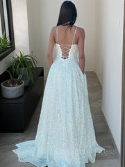 Spring Wedding Color, A-Line/Princess Spaghetti Straps Sweep Train Sequins Prom Dresses With Pockets