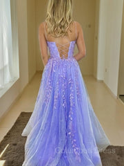 Gala Dress, A-Line/Princess Spaghetti Straps Sweep Train Tulle Prom Dresses With Appliques Lace