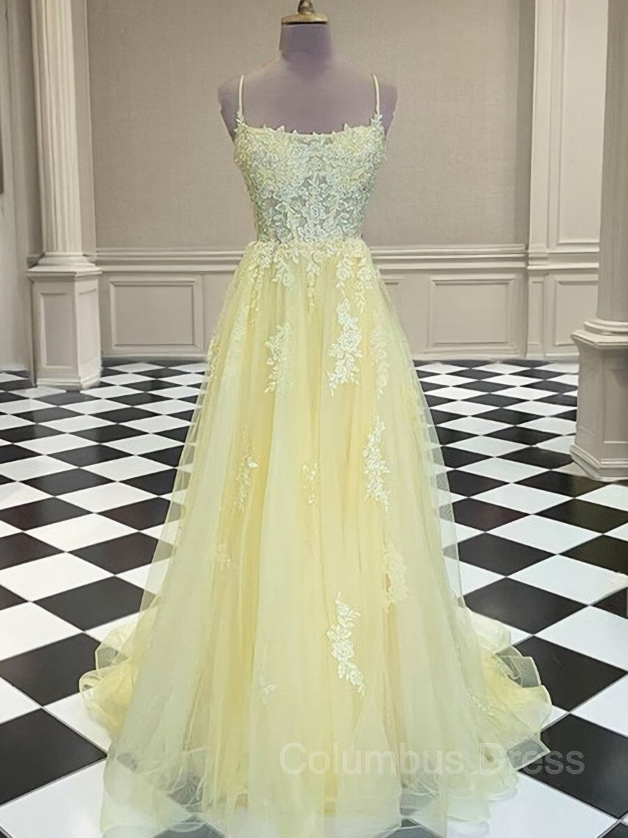 Cute Dress, A-Line/Princess Spaghetti Straps Sweep Train Tulle Prom Dresses With Appliques Lace