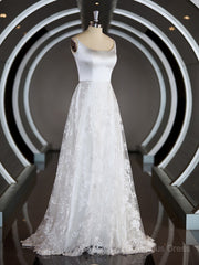 Wedding Dress A Line, A-Line/Princess Square Cathedral Train Lace Wedding Dresses with Appliques Lace