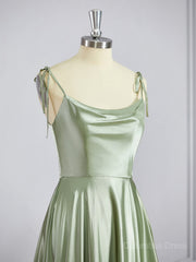 Prom Dress 2045, A-Line/Princess Square Sweep Train Silk like Satin Bridesmaid Dresses with Leg Slit