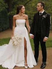 Wedding Dress With Sleeves Lace, A-Line/Princess Strapless Cathedral Train Stretch Crepe Wedding Dresses With Leg Slit
