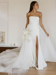 Wedding Dresses Elegant Classy, A-Line/Princess Strapless Cathedral Train Stretch Crepe Wedding Dresses With Leg Slit