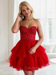 Bridesmaides Dresses Short, A-line/Princess Strapless Short/Mini Tulle Homecoming Dress with Cascading Ruffles