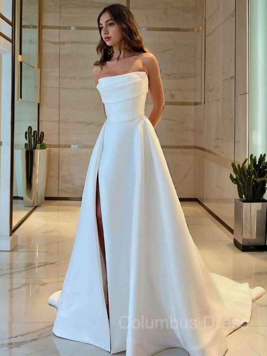 Wedding Dress Sale, A-Line/Princess Strapless Sweep Train Satin Wedding Dresses With Leg Slit