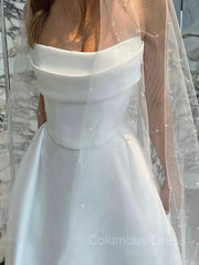 Wedding Dress Different, A-Line/Princess Strapless Sweep Train Satin Wedding Dresses With Leg Slit
