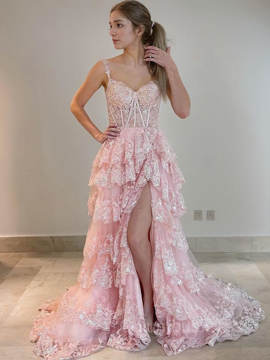 Wedding Guest Dress, A-Line/Princess Straps Court Train Tulle Prom Dresses With Leg Slit