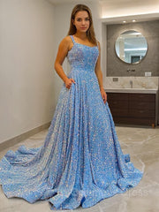 Prom Ideas, A-Line/Princess Straps Court Train Velvet Sequins Prom Dresses With Pockets