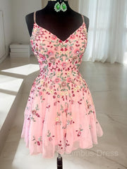 Bridesmaid Dresses Convertible, A-line/Princess Straps Short/Mini Lace Homecoming Dress with Appliques Lace