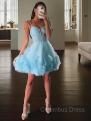 Bridesmaid Dress With Sleeves, A-line/Princess Straps Short/Mini Tulle Homecoming Dress with Cascading Ruffles