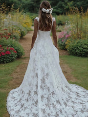 Wedding Dresses Fall, A-Line/Princess Straps Sweep Train Lace Wedding Dresses