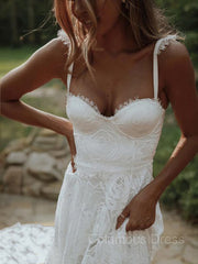 Wedding Dresses White, A-Line/Princess Straps Sweep Train Lace Wedding Dresses