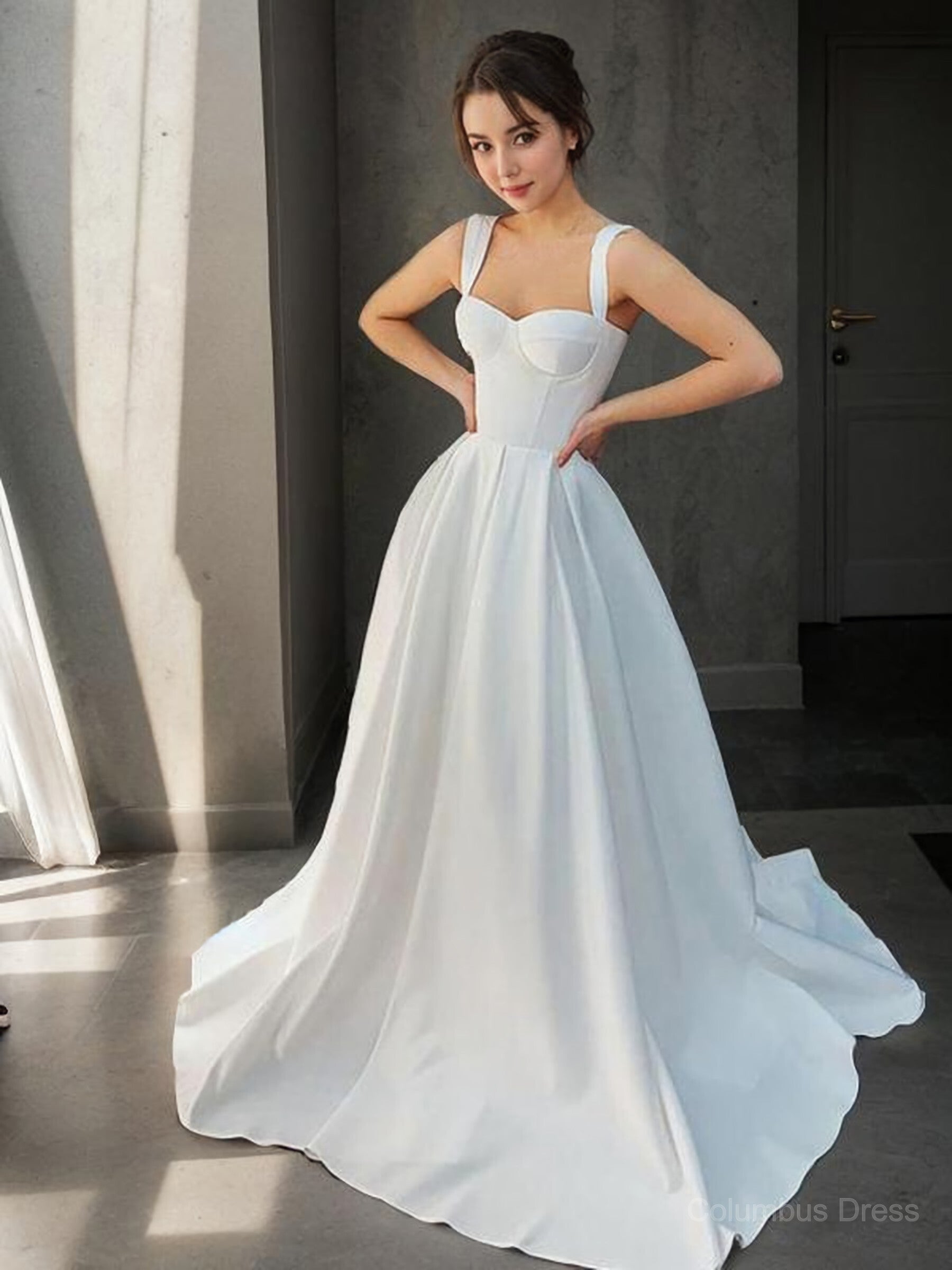 Wedding Dresses Budget, A-Line/Princess Straps Sweep Train Satin Wedding Dresses