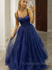 Party Dress Dresses, A-Line/Princess Straps Sweep Train Tulle Prom Dresses With Ruffles
