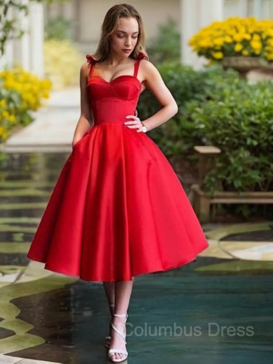 Prom Dress Floral, A-Line/Princess Straps Tea-Length Satin Homecoming Dresses
