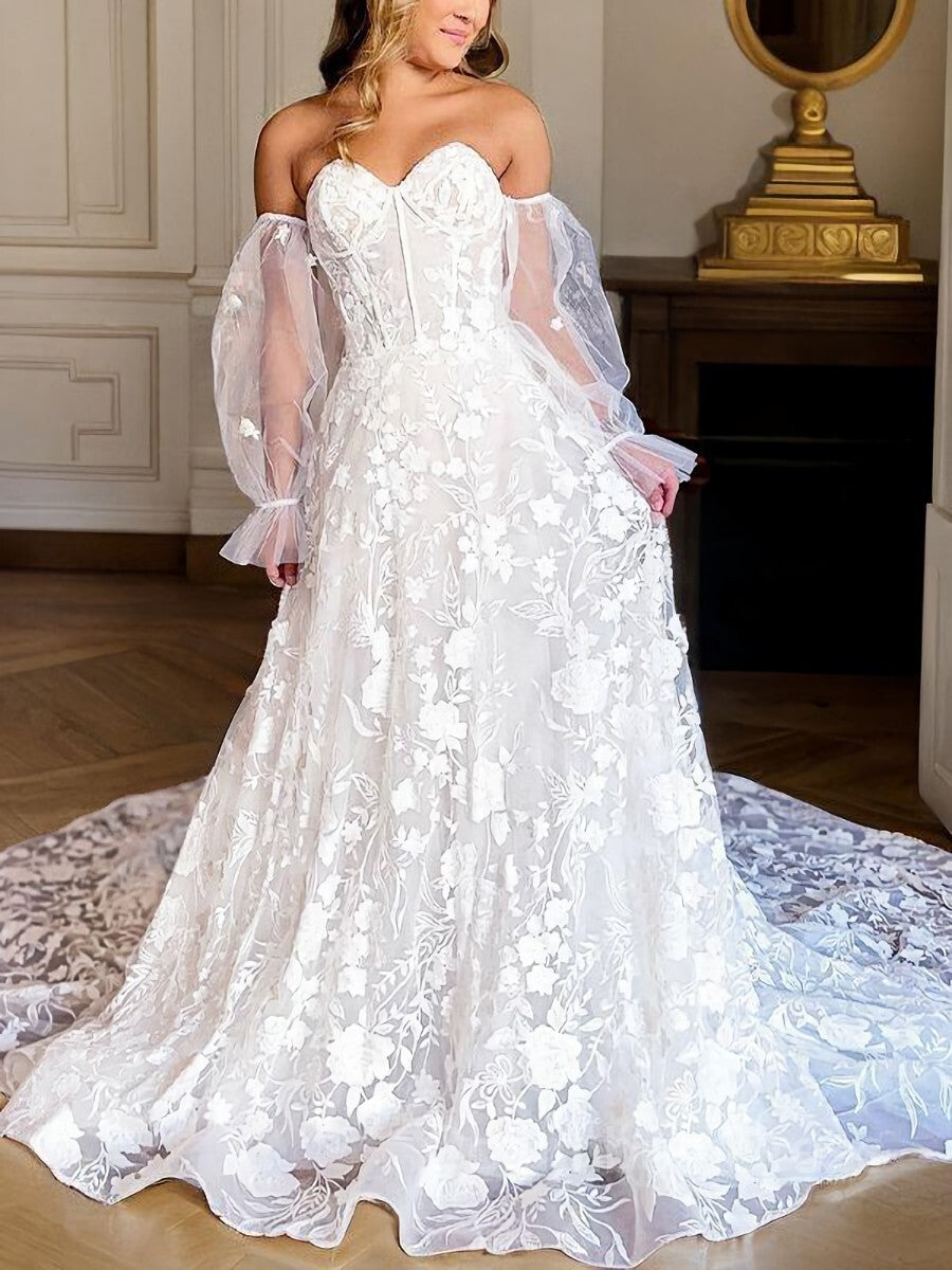 Wedding Dresse Long Sleeve, A-Line/Princess Sweetheart Cathedral Train Lace Wedding Dresses With Appliques Lace
