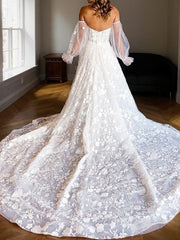 Weddings Dress Long Sleeve, A-Line/Princess Sweetheart Cathedral Train Lace Wedding Dresses With Appliques Lace