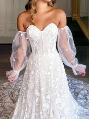 Wedding Dress Long Sleeves, A-Line/Princess Sweetheart Cathedral Train Lace Wedding Dresses With Appliques Lace