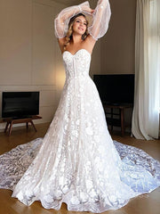 Wedding Dress Long Sleeved, A-Line/Princess Sweetheart Cathedral Train Lace Wedding Dresses With Appliques Lace