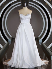 Wedding Dress Long, A-Line/Princess Sweetheart Chapel Train Satin Wedding Dresses with Ruffles