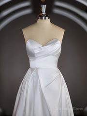 Wedding Dress Short, A-Line/Princess Sweetheart Chapel Train Satin Wedding Dresses with Ruffles