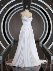Wedding Dresses Short, A-Line/Princess Sweetheart Chapel Train Satin Wedding Dresses with Ruffles