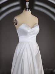 Wedding Dresses Under 508, A-Line/Princess Sweetheart Chapel Train Satin Wedding Dresses with Ruffles