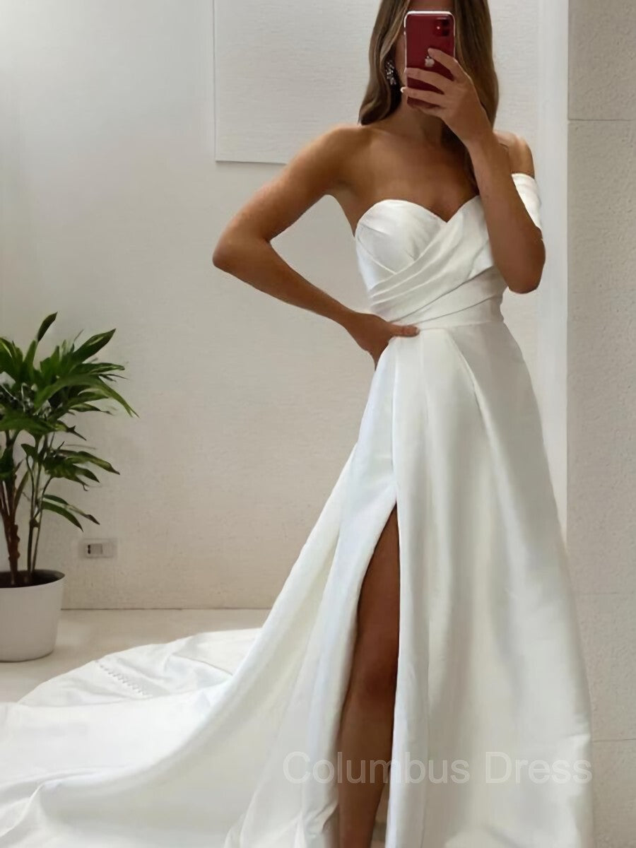 Wedding Dress Shaper, A-Line/Princess Sweetheart Court Train Satin Wedding Dresses With Leg Slit