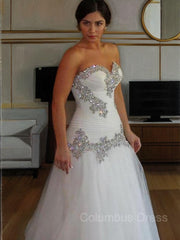 Wedding Dress Lace Sleeves, A-Line/Princess Sweetheart Floor-Length Tulle Wedding Dresses With Rhinestone