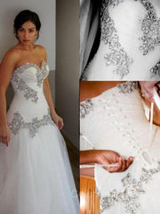Wedding Dresses Laced Sleeves, A-Line/Princess Sweetheart Floor-Length Tulle Wedding Dresses With Rhinestone