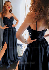 Graduation Outfit Ideas, A-line/Princess Sweetheart Sleeveless Long/Floor-Length Charmeuse Prom Dress With Split Lace