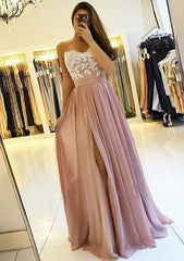 Formal Dresses With Tulle, A-line/Princess Sweetheart Sleeveless Long/Floor-Length Chiffon Prom Dress With Split Appliqued