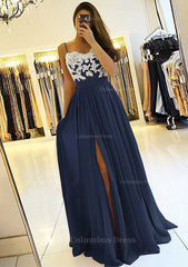 Formal Dress With Sleeve, A-line/Princess Sweetheart Sleeveless Long/Floor-Length Chiffon Prom Dress With Split Appliqued