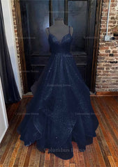 Pretty Dress, A-line Princess Sweetheart Sleeveless Long/Floor-Length Tulle Sparkling Prom Dress