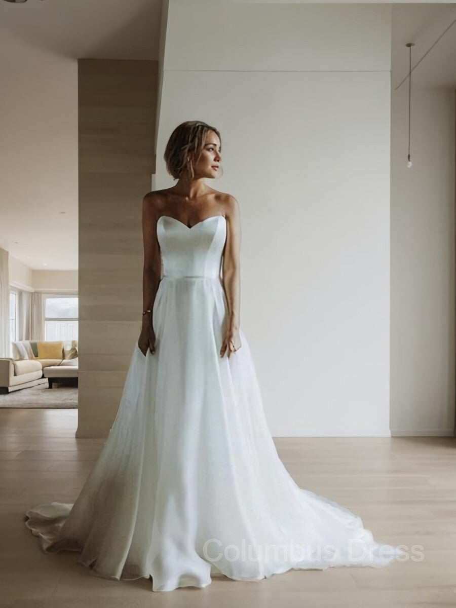 Wedding Dresses Lace Sleeve, A-Line/Princess Sweetheart Sweep Train Organza Wedding Dresses