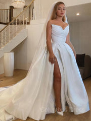 Wedding Dresses Simple Elegant, A-Line/Princess Sweetheart Sweep Train Satin Wedding Dresses With Leg Slit
