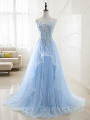 Bridal Dress, A-Line/Princess Sweetheart Sweep Train Tulle Prom Dresses With Appliques Lace