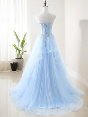 Prom Gown, A-Line/Princess Sweetheart Sweep Train Tulle Prom Dresses With Appliques Lace