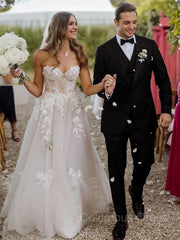 Wedding Dress Customizations, A-Line/Princess Sweetheart Sweep Train Tulle Wedding Dresses With Appliques Lace